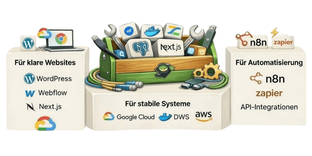 Tech Stack - Strukturiert & Fokussiert: WordPress, Webflow, Next.js für Websites. Google Cloud, Docker, AWS für stabile Systeme. n8n, Zapier für Automatisierung.